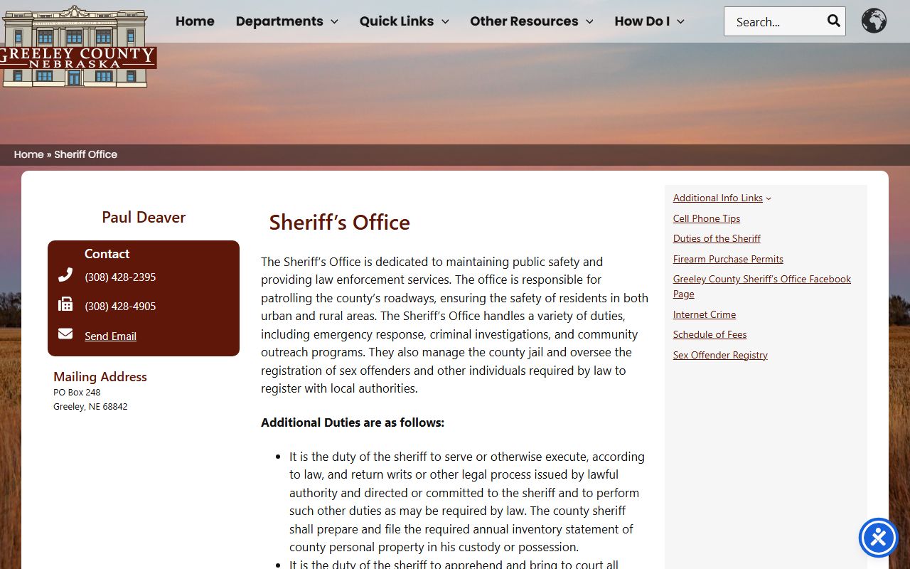Greeley County Sheriff's Office jail function contact and inmate record source page