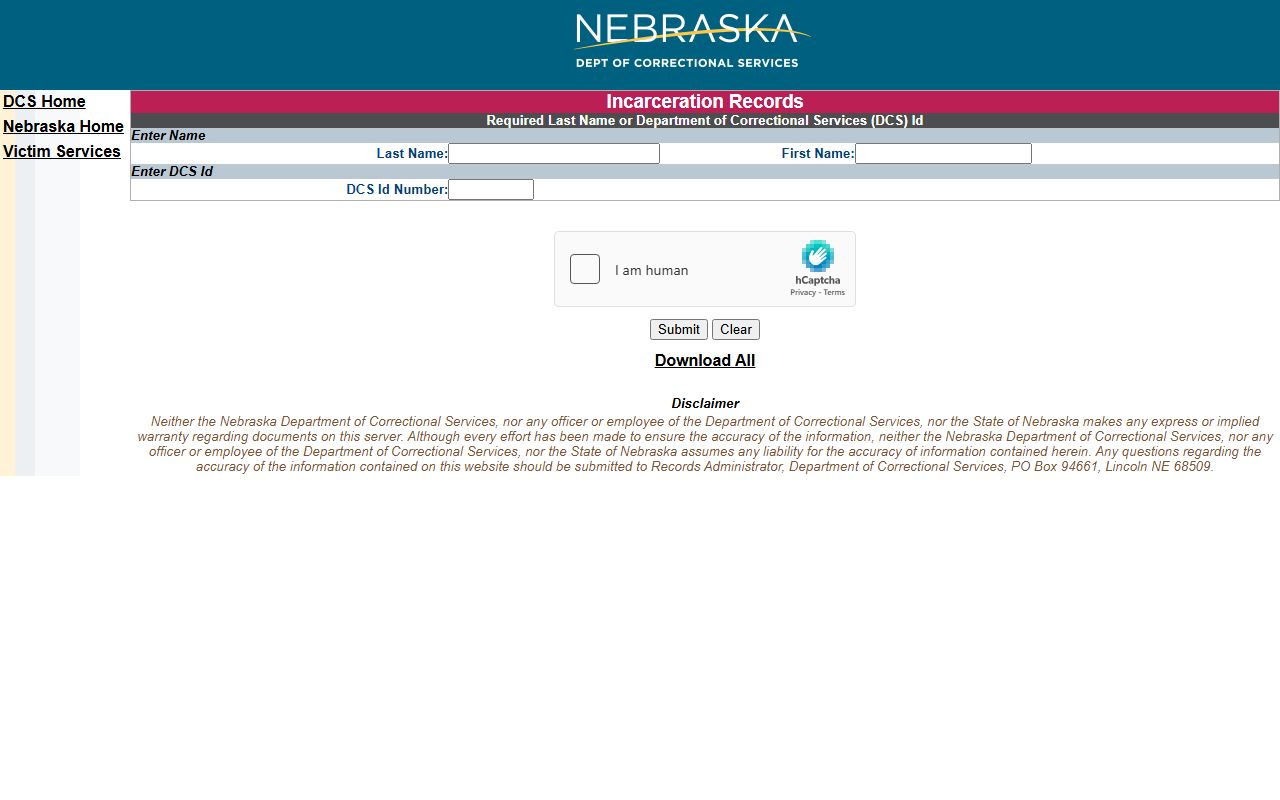 Greeley County inmate records Nebraska DOC locator search fields