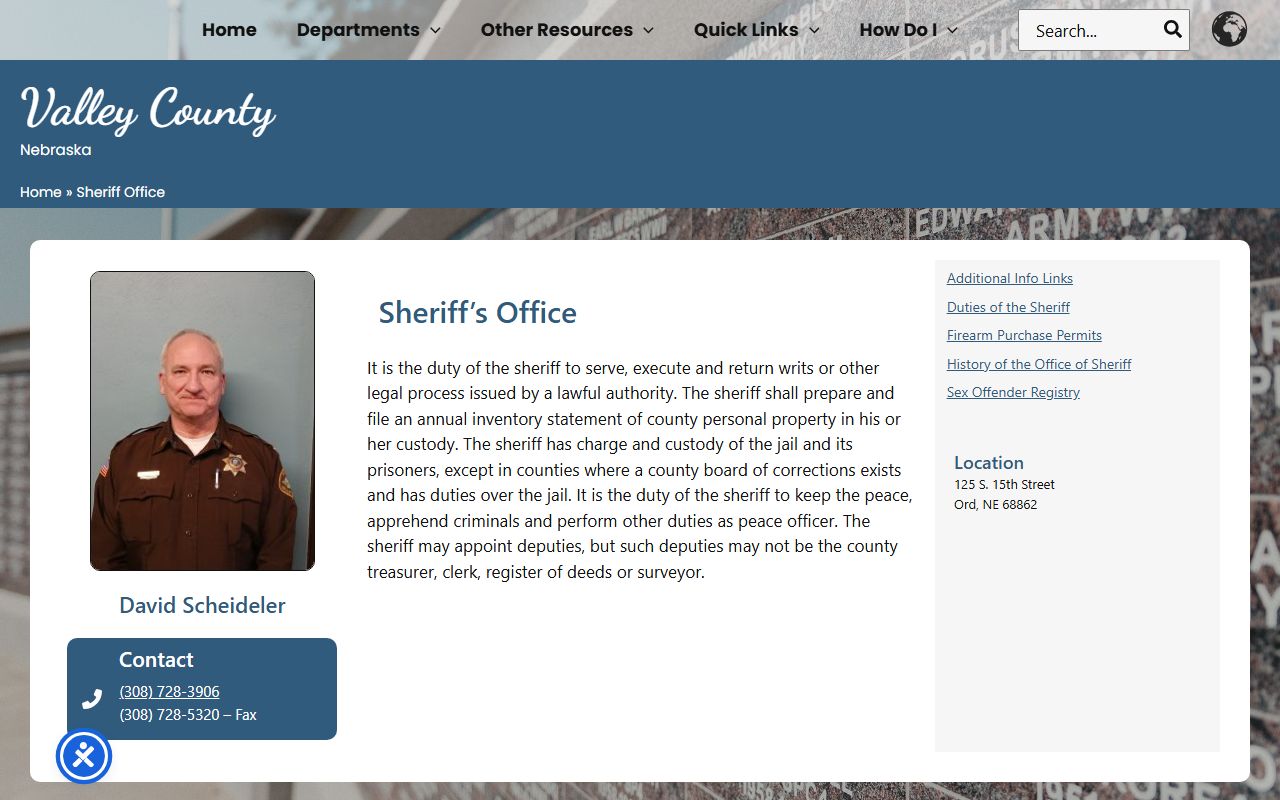 Valley County Jail sheriff contact page for Greeley County inmate housing lookup
